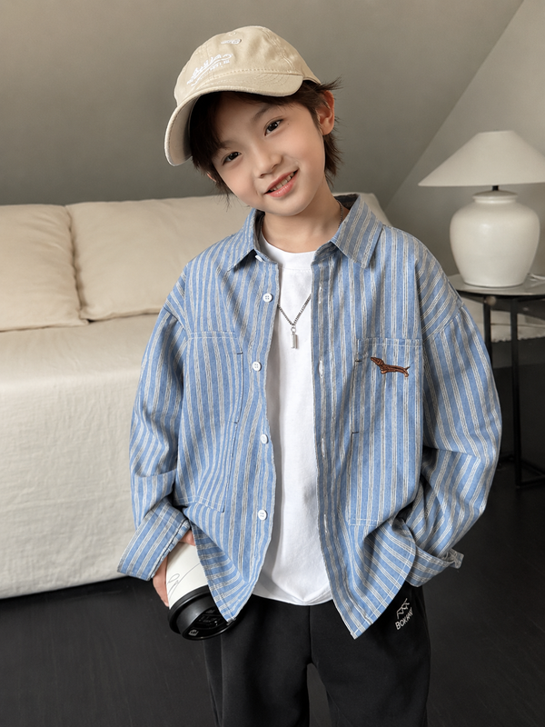 Blue Striped Overshirt with White T-Shirt